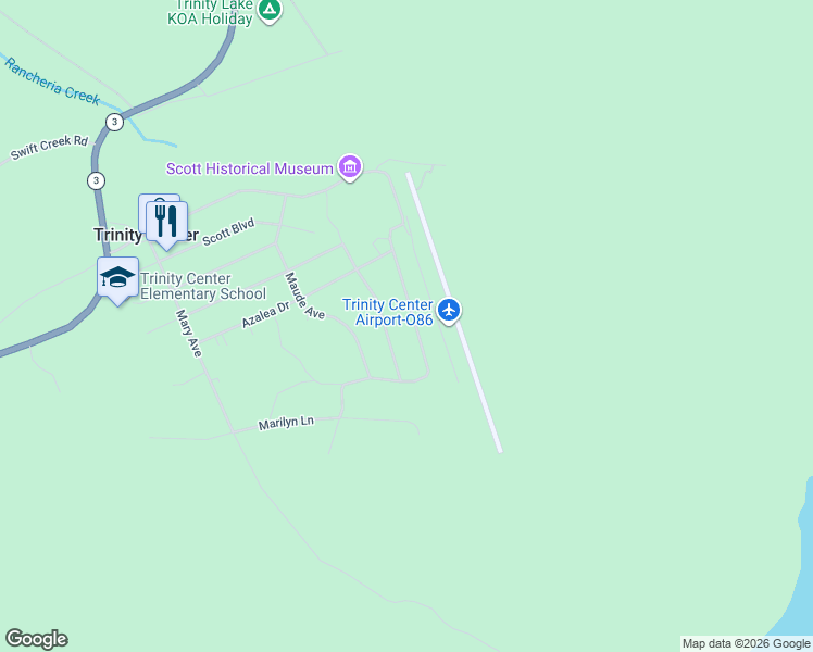 map of restaurants, bars, coffee shops, grocery stores, and more near 230 Lakeview Drive in Trinity Center