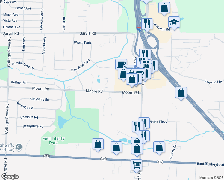 map of restaurants, bars, coffee shops, grocery stores, and more near 721 Moore Road in Akron