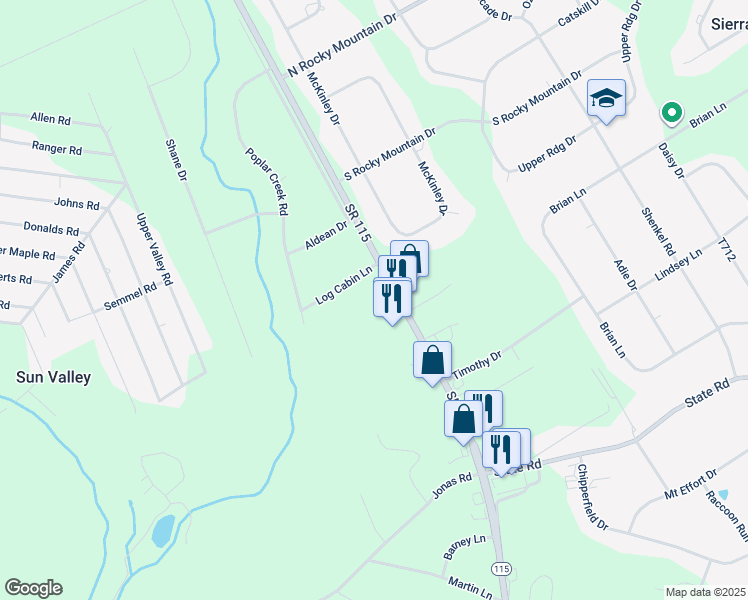 map of restaurants, bars, coffee shops, grocery stores, and more near 3285 Pennsylvania 115 in Effort