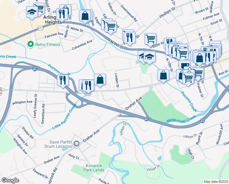 map of restaurants, bars, coffee shops, grocery stores, and more near 1155 West Main Street in Stroudsburg
