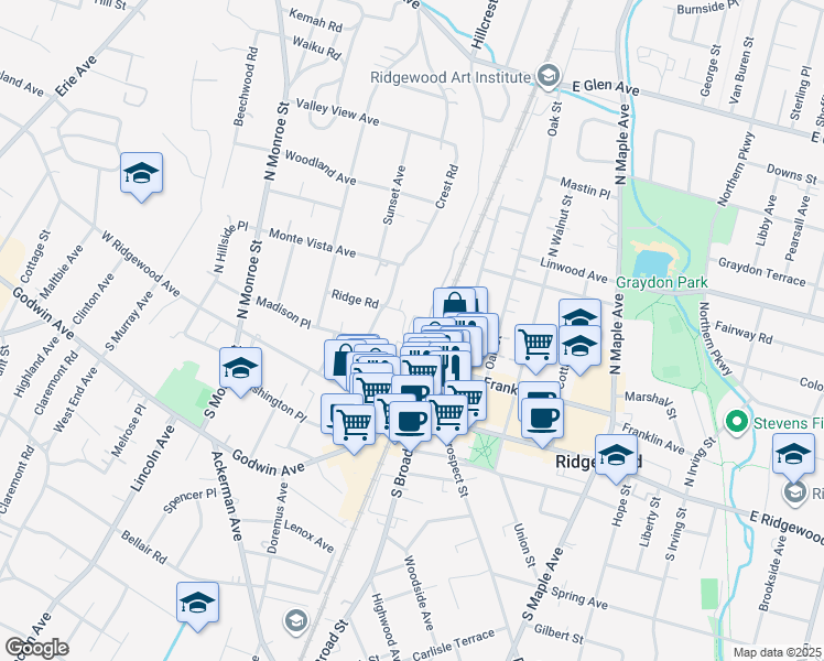 map of restaurants, bars, coffee shops, grocery stores, and more near 31 Ridge Road in Ridgewood