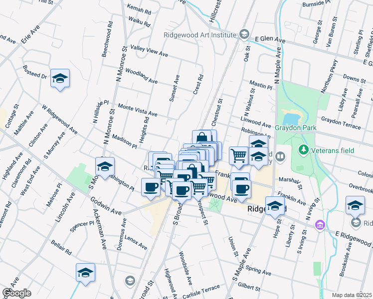 map of restaurants, bars, coffee shops, grocery stores, and more near 31 Ridge Road in Ridgewood