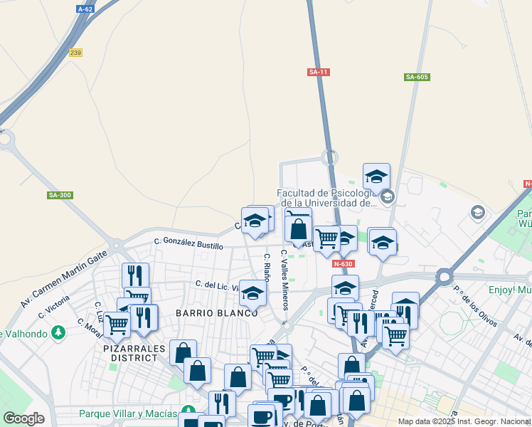 map of restaurants, bars, coffee shops, grocery stores, and more near Calle Moreruela in Salamanca