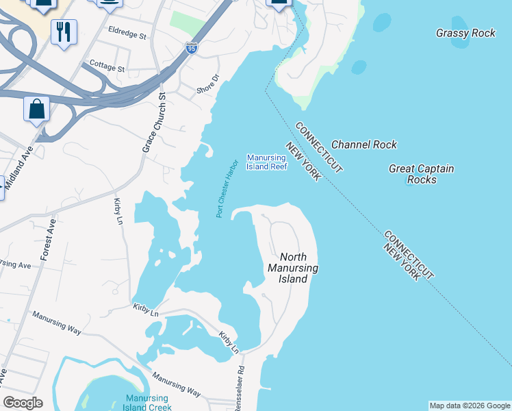 map of restaurants, bars, coffee shops, grocery stores, and more near North Island Drive in Rye