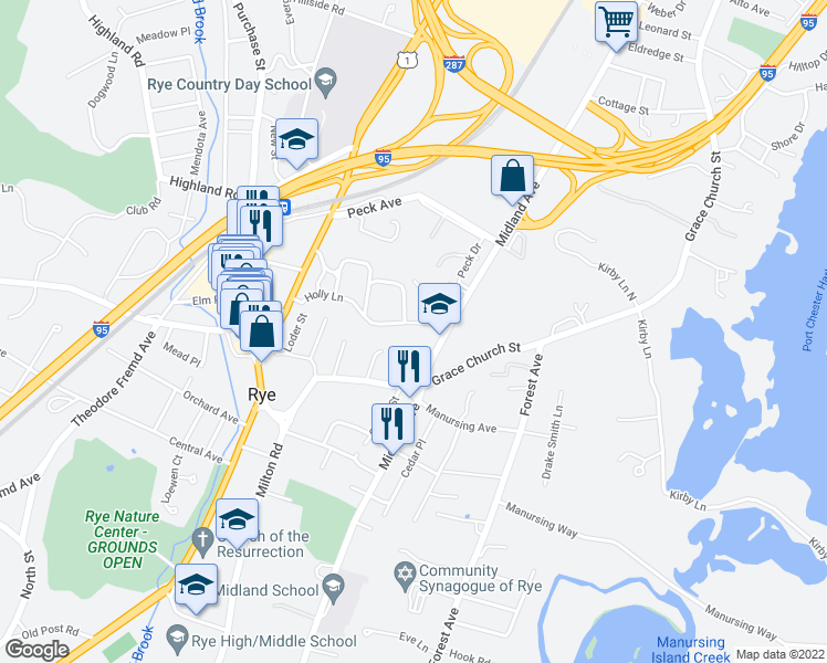 map of restaurants, bars, coffee shops, grocery stores, and more near 20 Thistle Lane in Rye