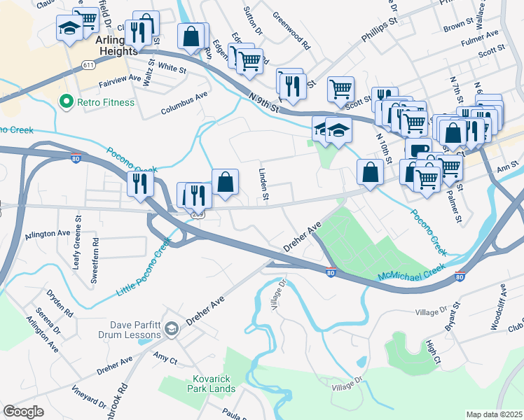 map of restaurants, bars, coffee shops, grocery stores, and more near 1149 West Main Street in Stroudsburg