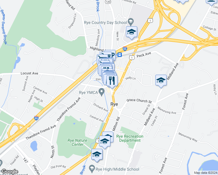 map of restaurants, bars, coffee shops, grocery stores, and more near 36 New York 120 in Rye