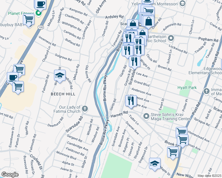 map of restaurants, bars, coffee shops, grocery stores, and more near 235 Garth Road in Scarsdale