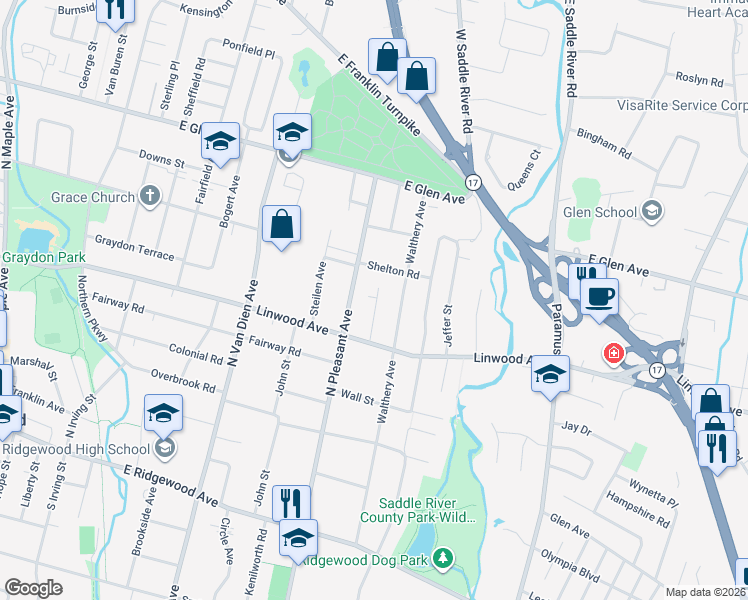 map of restaurants, bars, coffee shops, grocery stores, and more near 251 North Pleasant Avenue in Ridgewood