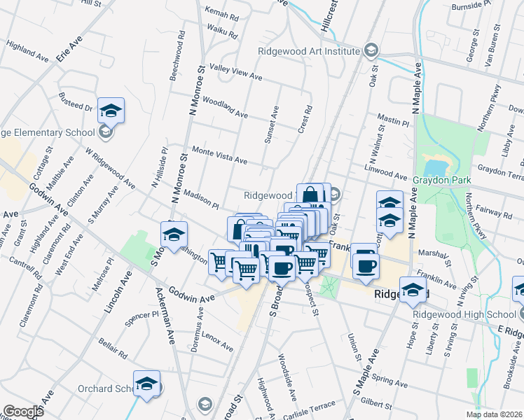 map of restaurants, bars, coffee shops, grocery stores, and more near 72 Ridge Road in Ridgewood