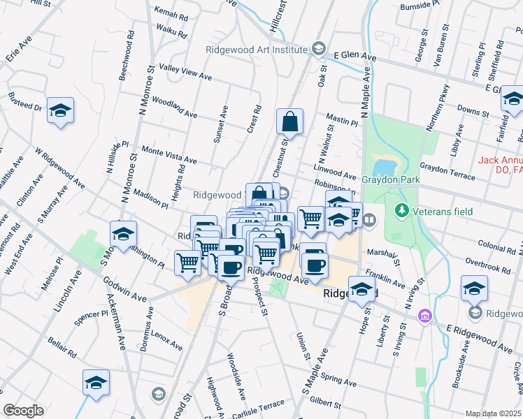 map of restaurants, bars, coffee shops, grocery stores, and more near 112 Oak Street in Ridgewood