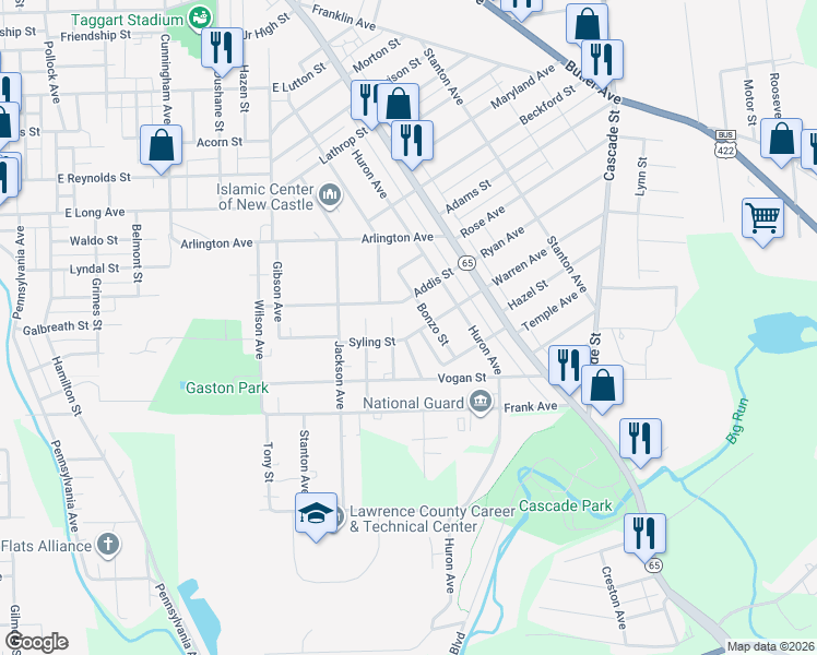 map of restaurants, bars, coffee shops, grocery stores, and more near 774 Addis Street in New Castle