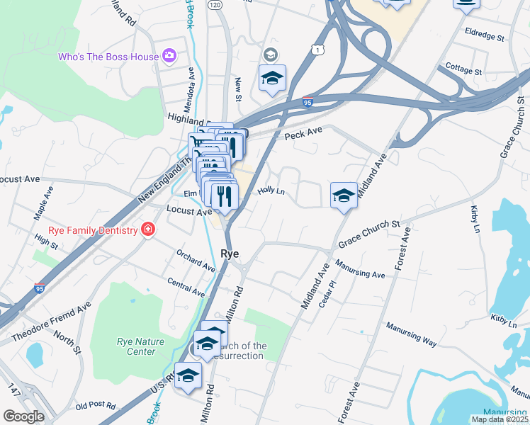 map of restaurants, bars, coffee shops, grocery stores, and more near 25 Greenleaf Street in Rye