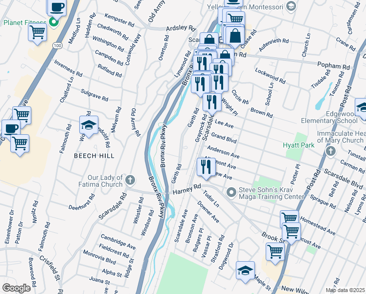 map of restaurants, bars, coffee shops, grocery stores, and more near 230 Garth Road in Scarsdale