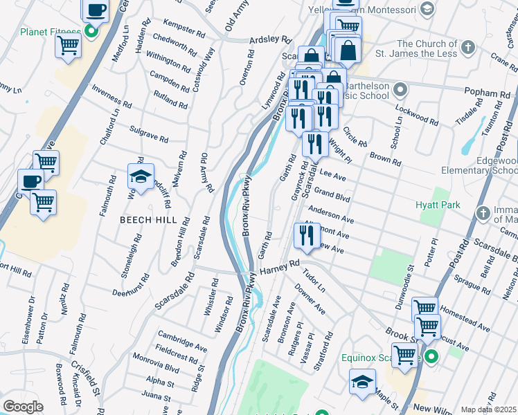 map of restaurants, bars, coffee shops, grocery stores, and more near 235 Garth Road in Scarsdale