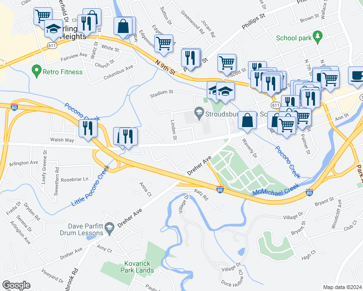 map of restaurants, bars, coffee shops, grocery stores, and more near 1137 West Main Street in Stroudsburg