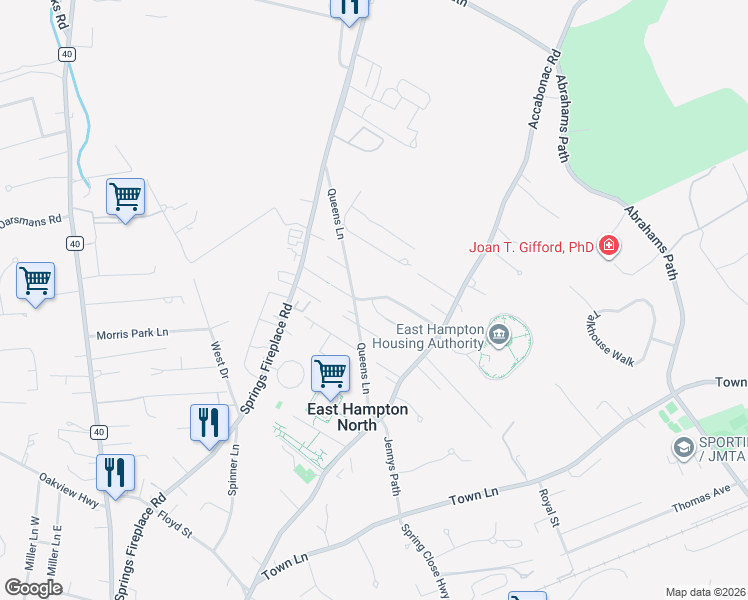 map of restaurants, bars, coffee shops, grocery stores, and more near 17 Amagansett Drive East in East Hampton