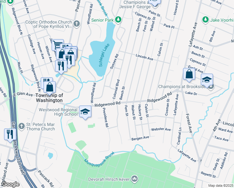 map of restaurants, bars, coffee shops, grocery stores, and more near 257 Colonial Boulevard in Emerson