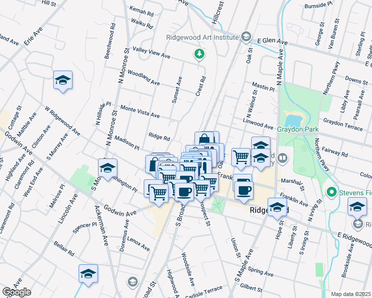 map of restaurants, bars, coffee shops, grocery stores, and more near 39 Ridge Road in Ridgewood