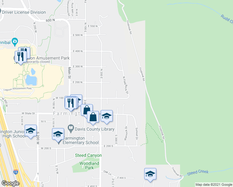 map of restaurants, bars, coffee shops, grocery stores, and more near 112 North 300 East in Farmington