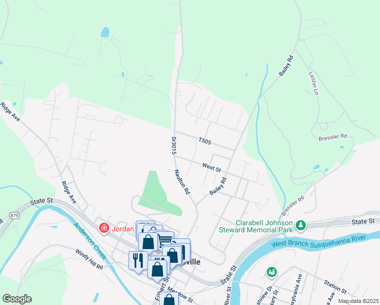 map of restaurants, bars, coffee shops, grocery stores, and more near 139 East Street in Curwensville