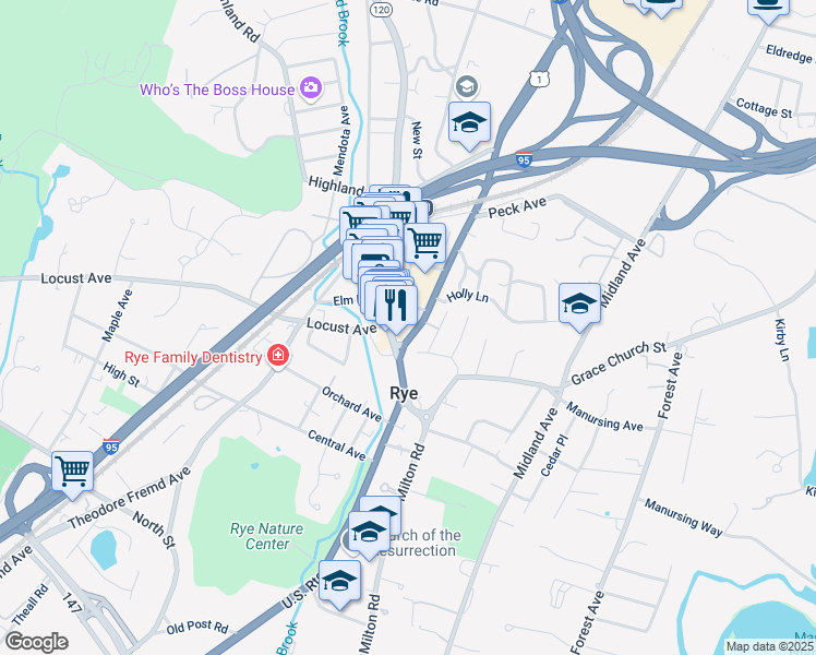map of restaurants, bars, coffee shops, grocery stores, and more near 1097 Boston Post Road in Rye