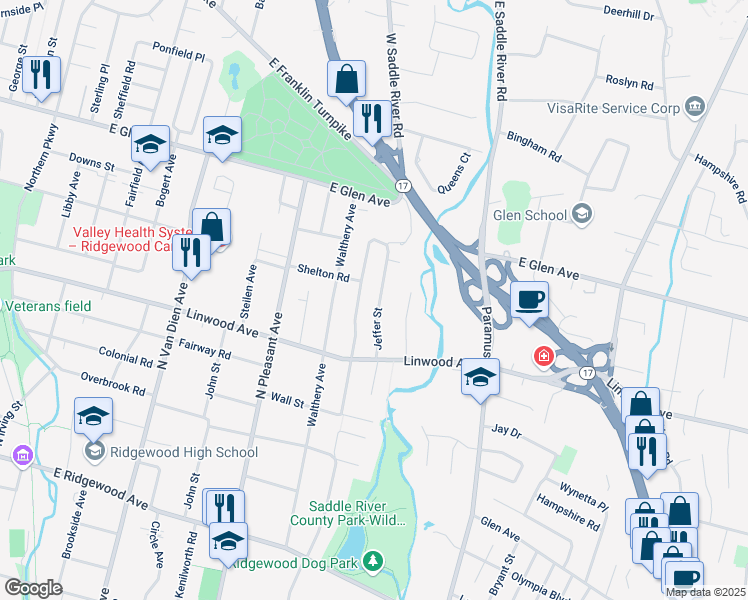 map of restaurants, bars, coffee shops, grocery stores, and more near 267 Pershing Avenue in Ridgewood