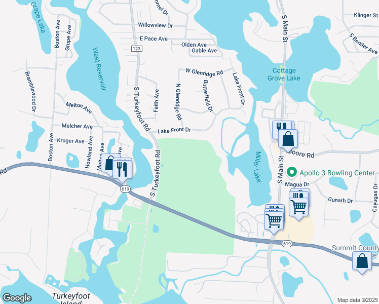 map of restaurants, bars, coffee shops, grocery stores, and more near 236 Lake Front Drive in Akron