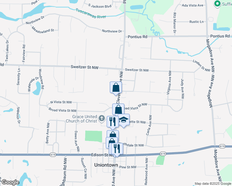 map of restaurants, bars, coffee shops, grocery stores, and more near 13501 Cleveland Avenue Northwest in Uniontown