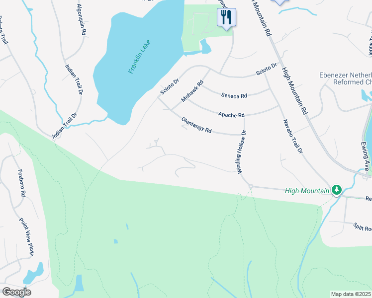 map of restaurants, bars, coffee shops, grocery stores, and more near 903 Cherokee Lane in Franklin Lakes