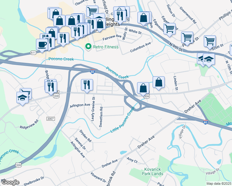 map of restaurants, bars, coffee shops, grocery stores, and more near 16 Hazel Street in Stroudsburg