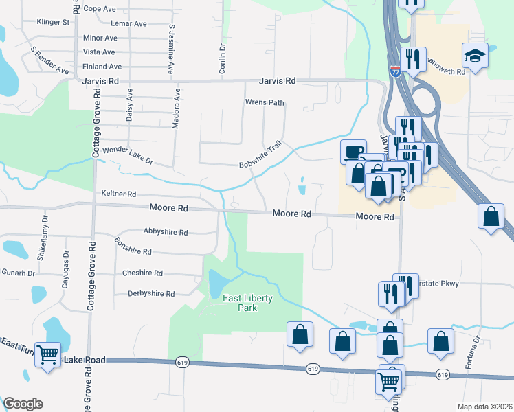 map of restaurants, bars, coffee shops, grocery stores, and more near 3230 Robins Trace in Akron