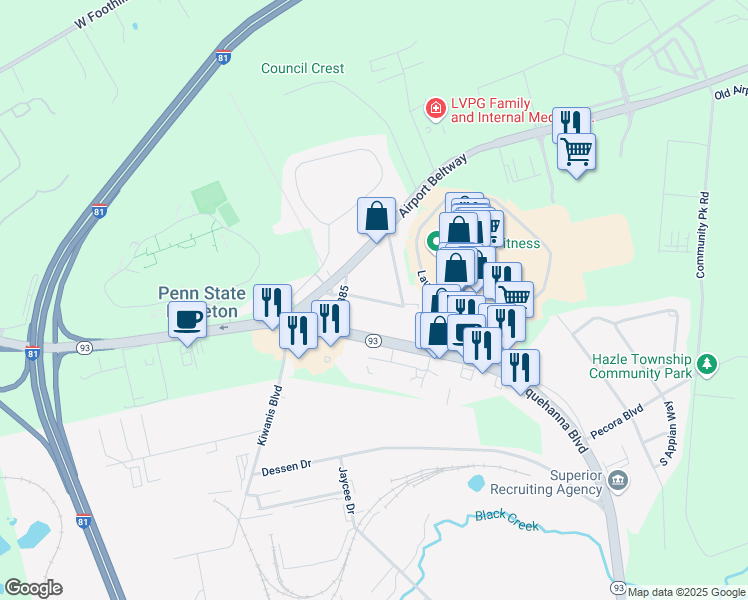 map of restaurants, bars, coffee shops, grocery stores, and more near 24 South Hollywood Boulevard in Hazleton