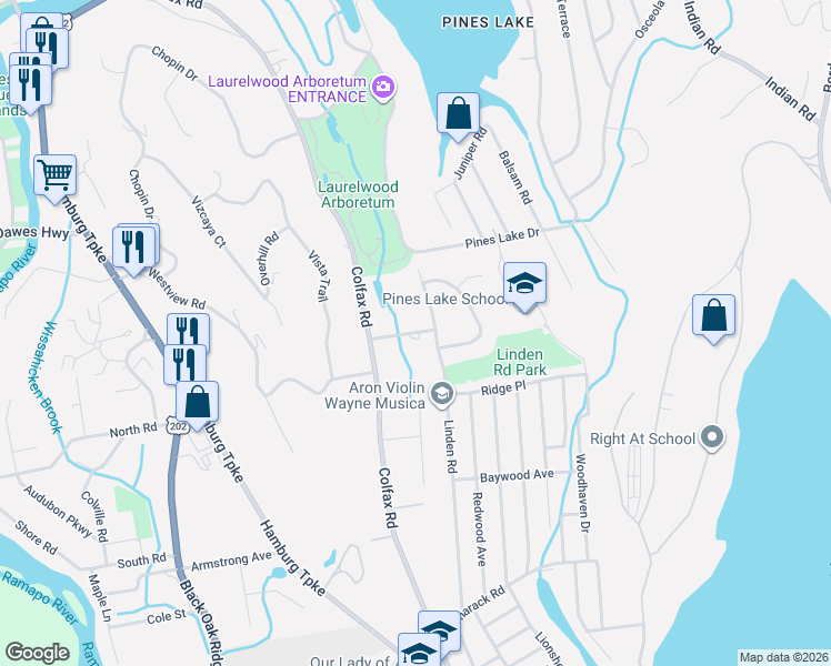 map of restaurants, bars, coffee shops, grocery stores, and more near 21 Tulip Terrace in Wayne