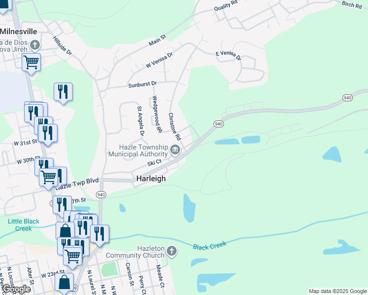 map of restaurants, bars, coffee shops, grocery stores, and more near Harleigh Boulevard in Hazleton