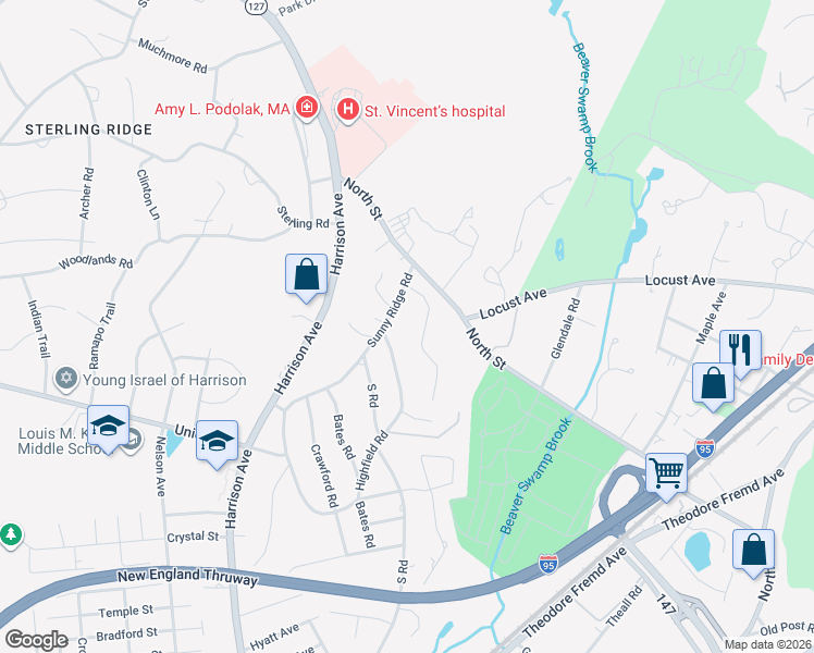 map of restaurants, bars, coffee shops, grocery stores, and more near 243 Sunny Ridge Road in Harrison