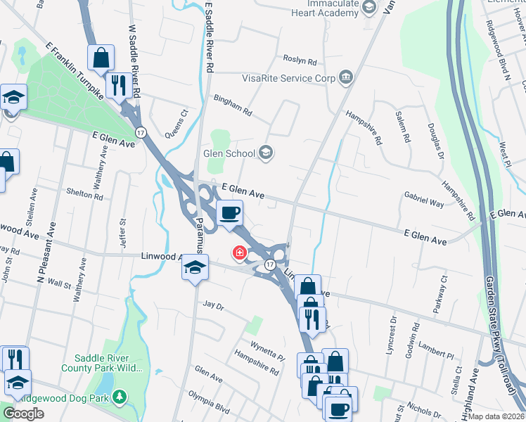 map of restaurants, bars, coffee shops, grocery stores, and more near 868 East Glen Avenue in Ridgewood