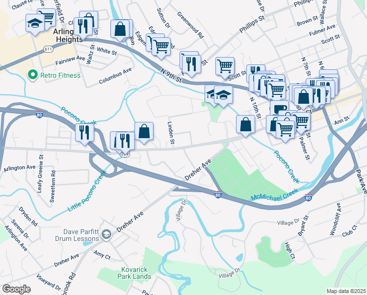 map of restaurants, bars, coffee shops, grocery stores, and more near 1130 West Main Street in Stroudsburg