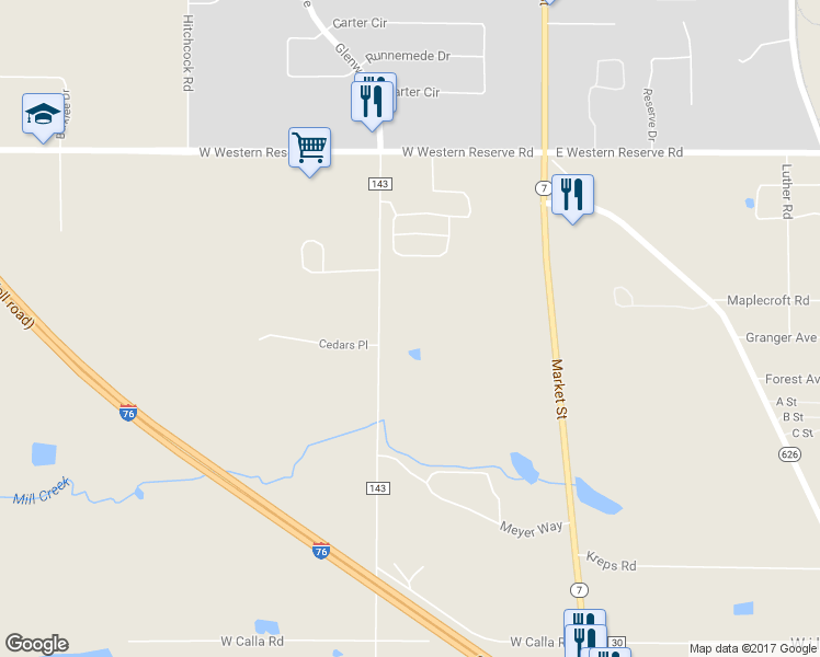 map of restaurants, bars, coffee shops, grocery stores, and more near 9363 Sharrott Road in Youngstown