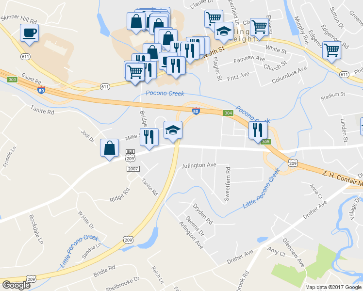 map of restaurants, bars, coffee shops, grocery stores, and more near 2209 W Main St in Stroudsburg