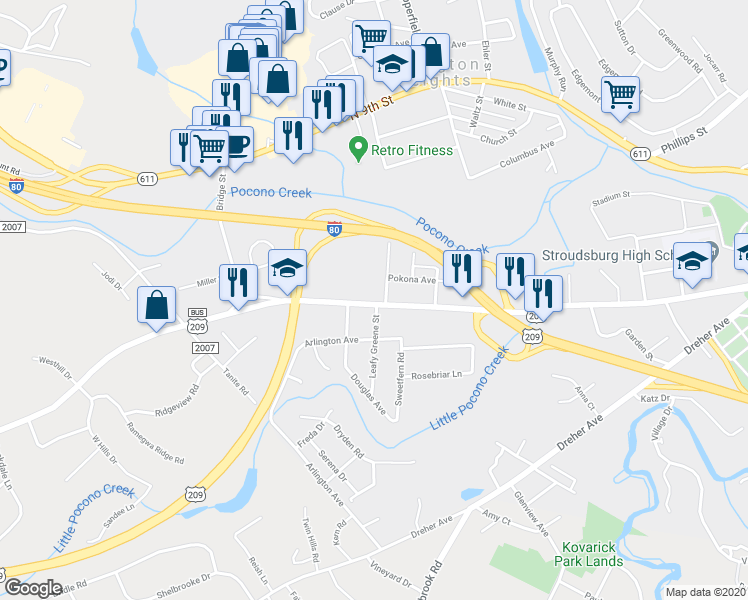 map of restaurants, bars, coffee shops, grocery stores, and more near 1812 West Main Street in Stroudsburg