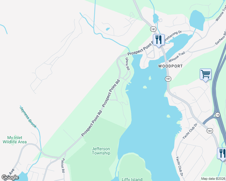 map of restaurants, bars, coffee shops, grocery stores, and more near 237 Prospect Point Road in Jefferson