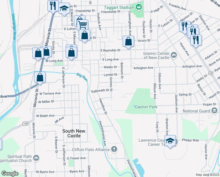map of restaurants, bars, coffee shops, grocery stores, and more near 427 Galbreath Street in New Castle