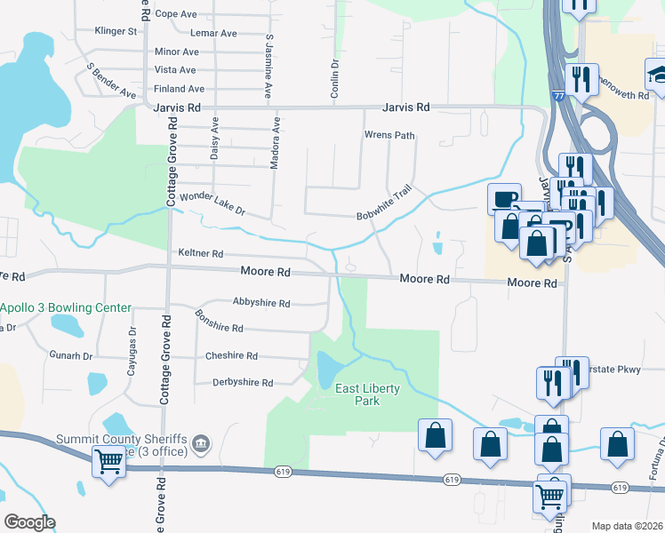 map of restaurants, bars, coffee shops, grocery stores, and more near 525 Moore Road in Akron