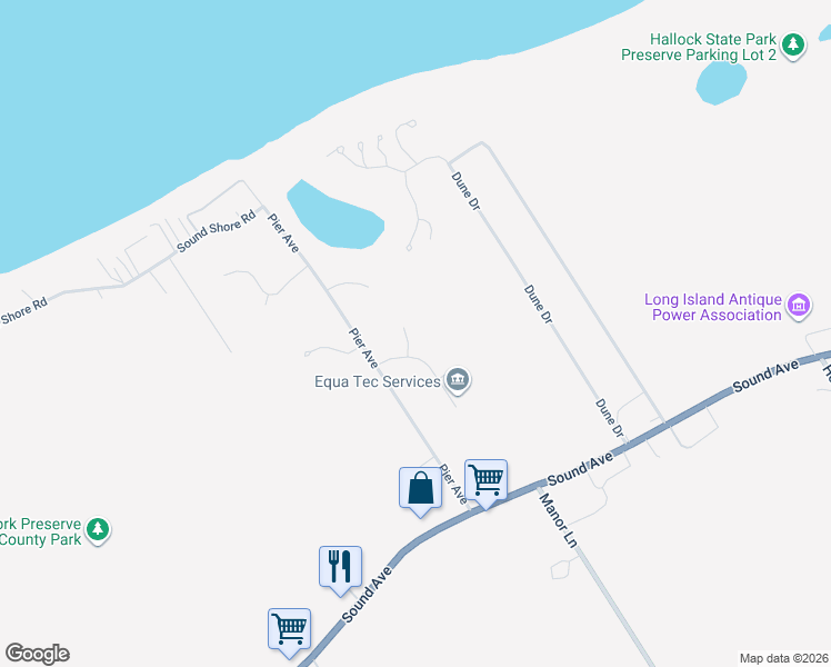 map of restaurants, bars, coffee shops, grocery stores, and more near 14 Simeon Road in Riverhead