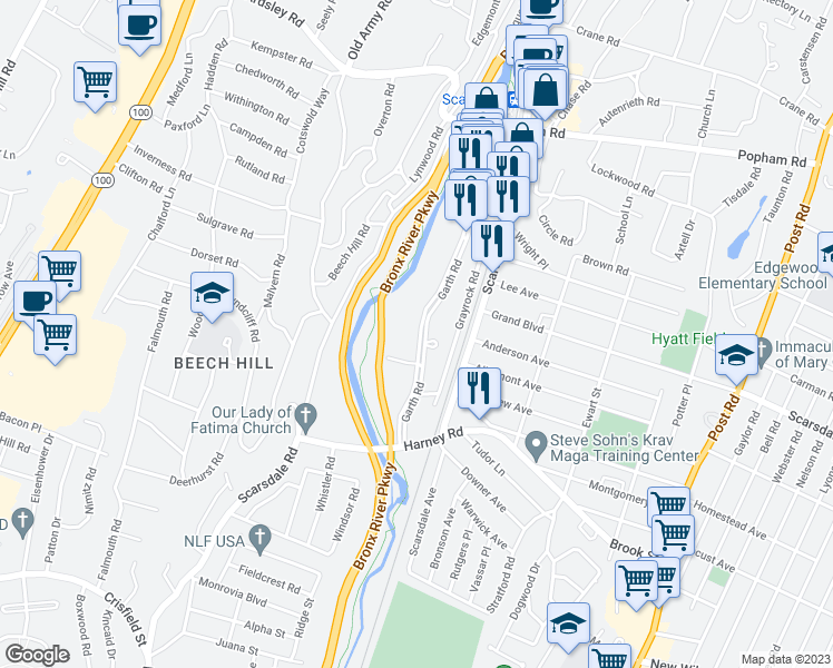 map of restaurants, bars, coffee shops, grocery stores, and more near 230 Garth Road in Scarsdale