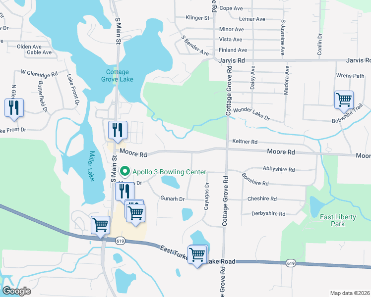 map of restaurants, bars, coffee shops, grocery stores, and more near 173 Moore Road in Akron