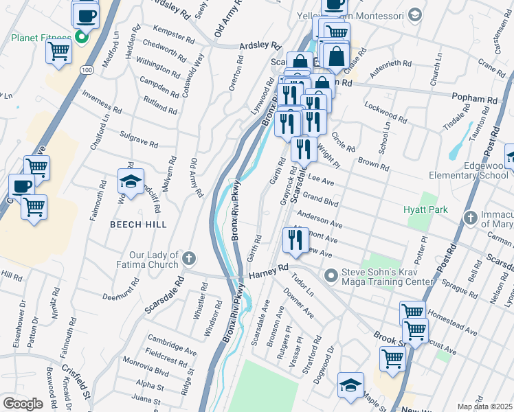 map of restaurants, bars, coffee shops, grocery stores, and more near 230 Garth Road in Scarsdale