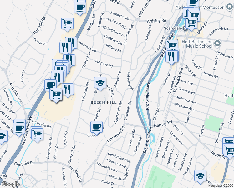 map of restaurants, bars, coffee shops, grocery stores, and more near 11 Malverne Road in Scarsdale