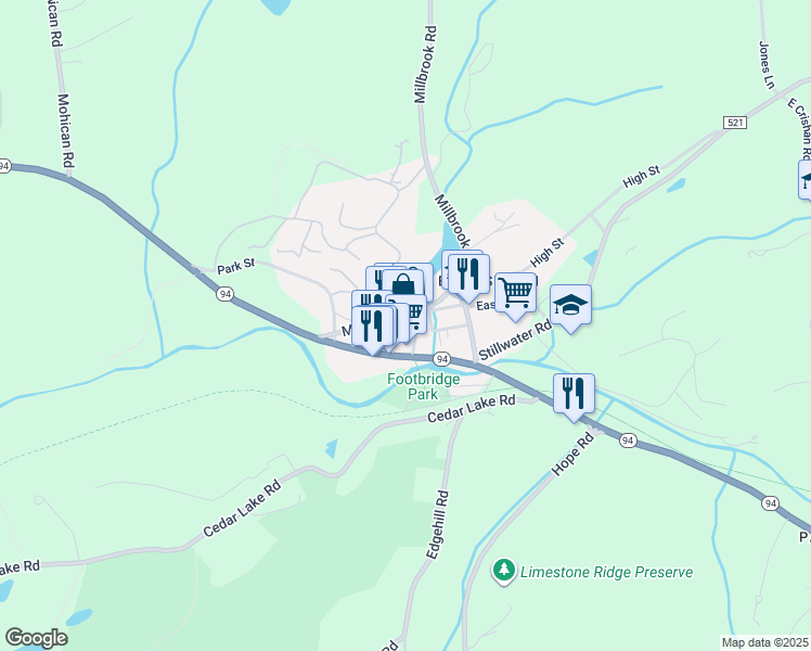 map of restaurants, bars, coffee shops, grocery stores, and more near 25 Main Street in Blairstown